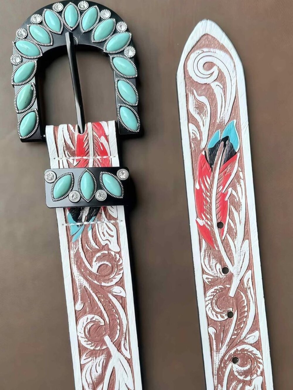 Turquoise Belt for Women, Brown Western Leather Belts for Women, Vintage Country - Picture 6 of 9